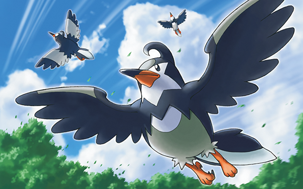 fukuda masakazu, staravia, nintendo, pokemon, pokemon tcg, official art, third-party source, animal focus, bird, blue sky, closed mouth, cloud, day, flying, full body, gen 4 pokemon, no humans, outdoors, pokemon (creature), pokemon focus, sky, wind