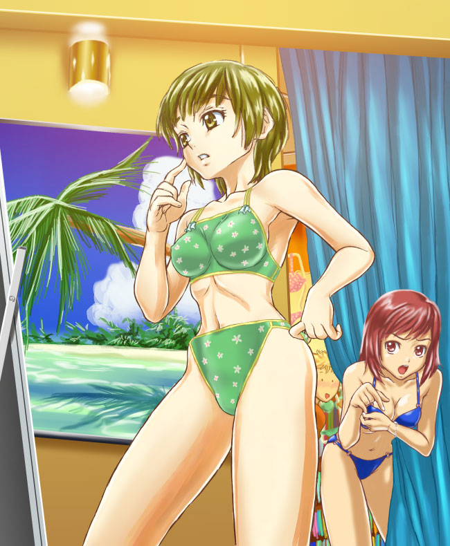 genshoku hajime, hajime (caramel toone), 2girls, bikini, dressing room, green hair, multiple girls, red eyes, red hair, short hair, swimsuit, yellow eyes
