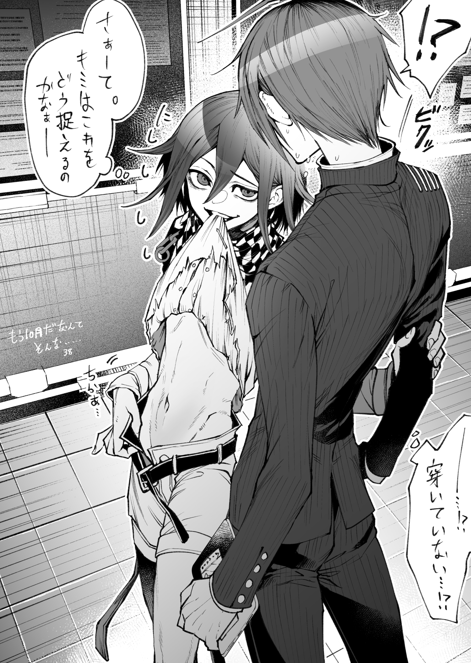 oma kokichi, saihara shuichi, danganronpa (series), danganronpa v3: killing harmony, highres, translation request, 2boys, belt, checkered neckerchief, clothes lift, jacket, jacket lift, momo ura, mouth hold, multiple boys, navel, neckerchief, open clothes, open shorts, pants, short hair, shorts, smile, speech bubble, stomach, striped clothes, striped jacket, thought bubble, yaoi
