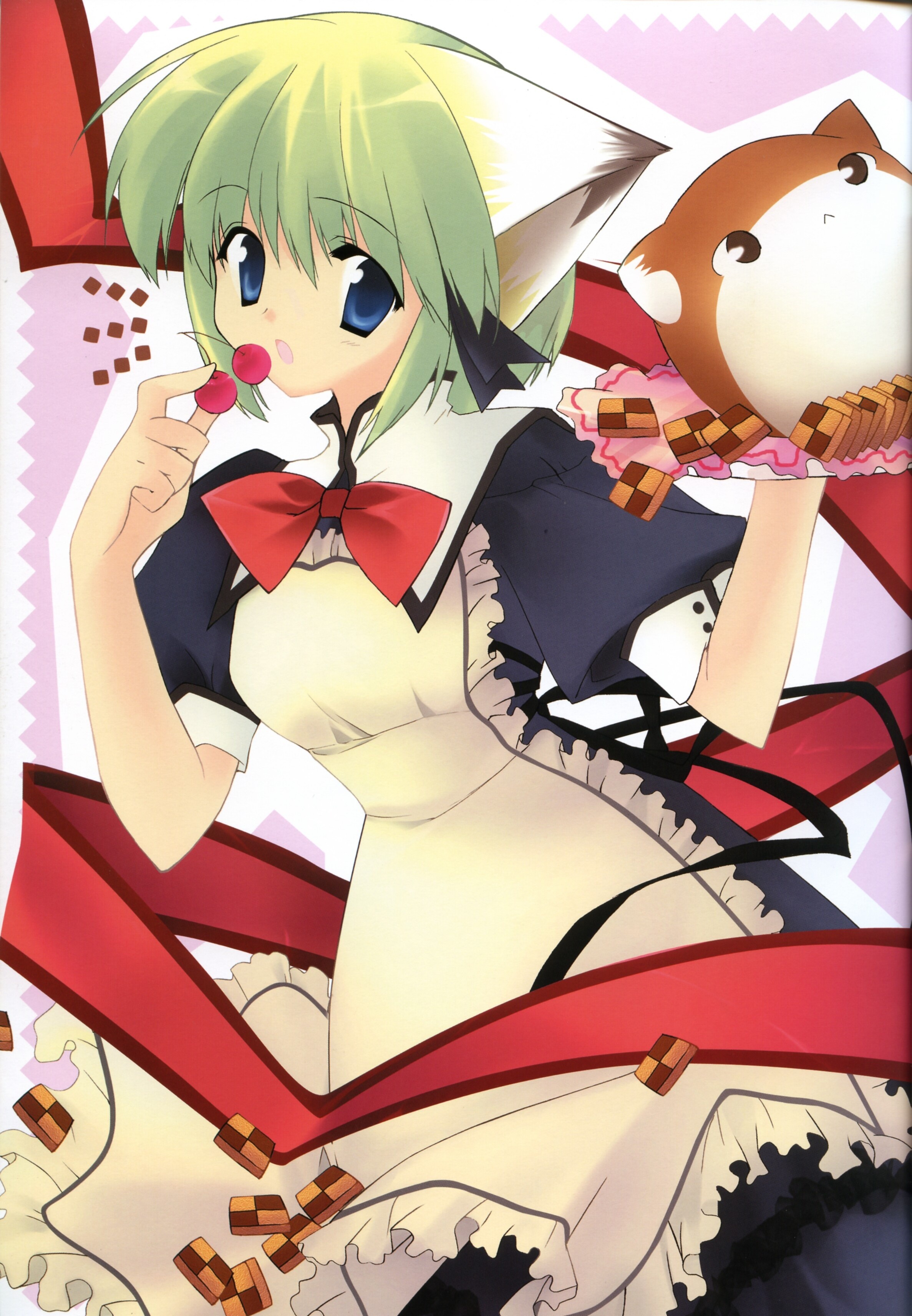 absurdres, highres, animal ears, cherry, cookie, food, fruit, green hair, maid, plate, short hair, solo
