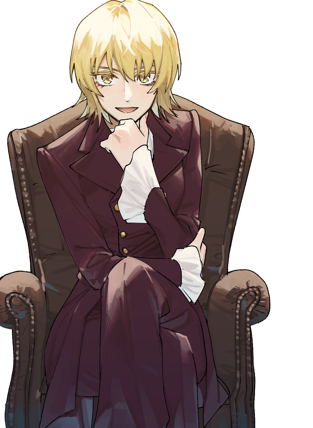 norioishiiii, cagalli yula athha, gundam, gundam seed, gundam seed freedom, highres, 1girl, ascot, blonde hair, chair, crossed legs, hand on own chin, jacket, long sleeves, looking at viewer, on chair, open mouth, pants, purple jacket, purple pants, short hair, simple background, smile, solo, white ascot, white background, yellow eyes