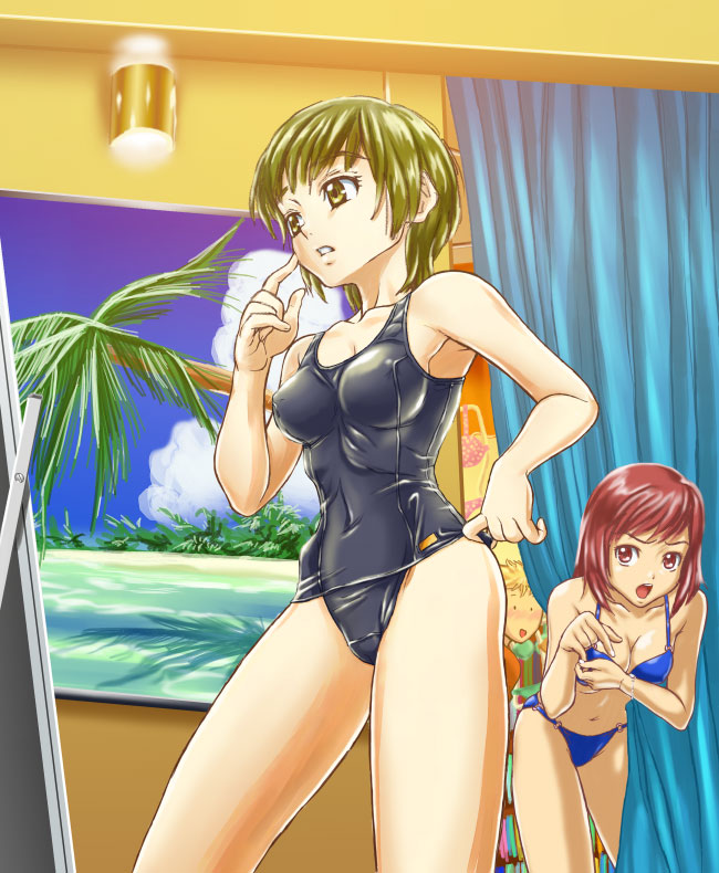 genshoku hajime, hajime (caramel toone), 2girls, bikini, black one-piece swimsuit, dressing room, green hair, multiple girls, one-piece swimsuit, red eyes, red hair, school swimsuit, short hair, swimsuit, yellow eyes