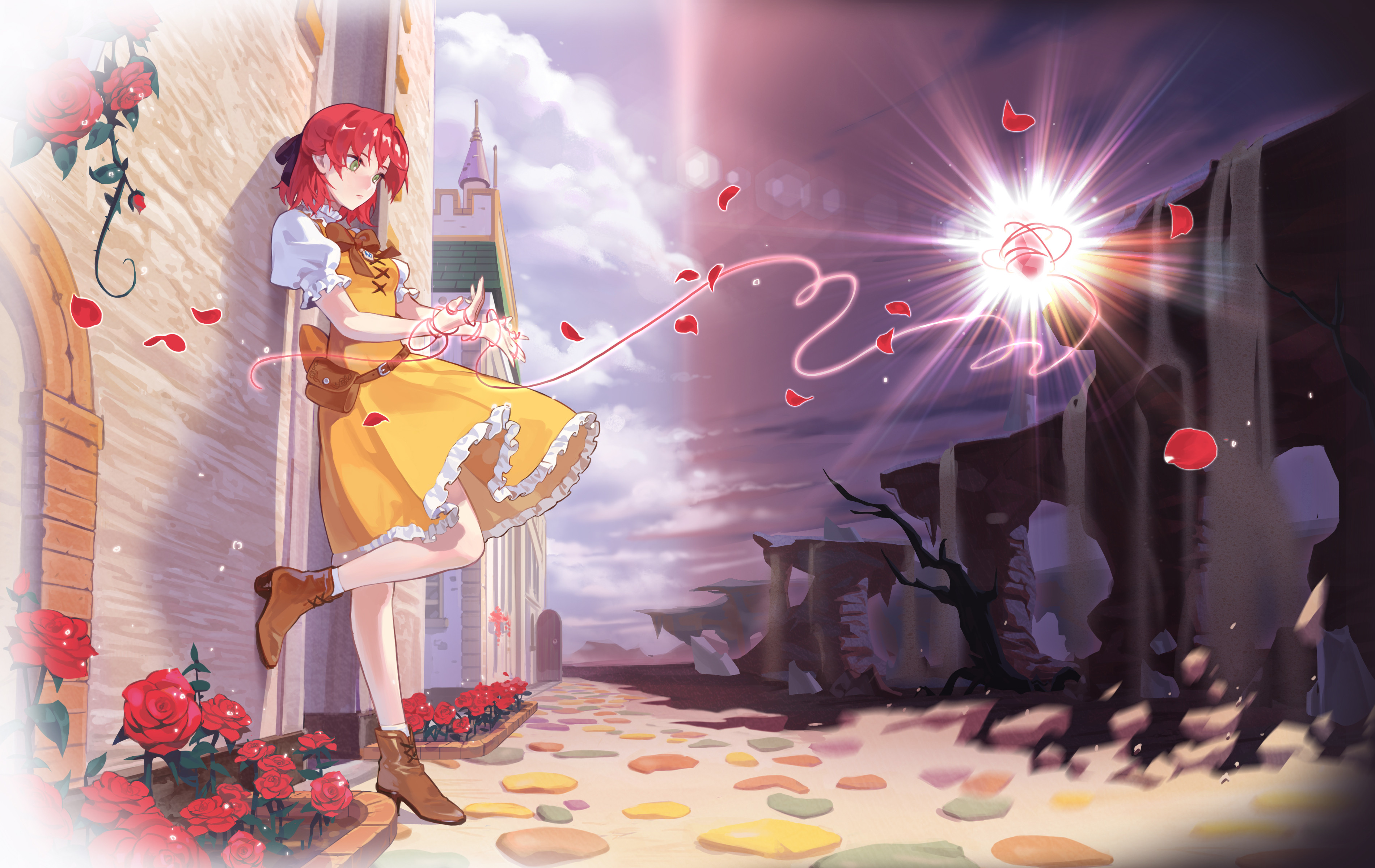 sang ah yoon, clariche de avril, nexon, tales weaver, absurdres, commentary, english commentary, highres, official art, 1girl, ankle boots, ankle socks, belt, belt pouch, blue sky, boots, breasts, brown belt, brown boots, castle, closed mouth, cloud, cloudy sky, collar, cross-laced clothes, cross-laced dress, day, door, dress, expressionless, floating clothes, flower, frilled collar, frilled dress, frilled sleeves, frills, green eyes, hair intakes, hair ribbon, lace-up boots, light particles, loose belt, medium breasts, medium dress, medium hair, open door, pinafore dress, pouch, puffy short sleeves, puffy sleeves, purple ribbon, purple skirt, red flower, red hair, red petals, red rose, ribbon, rose, short sleeves, skirt, sky, sleeveless, sleeveless dress, socks, solo, string, string of fate, white socks, yellow dress