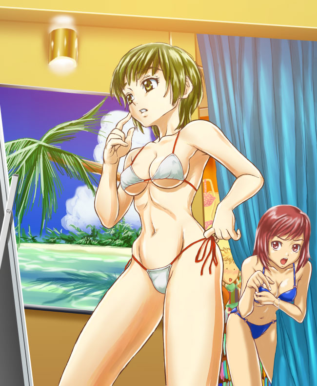 genshoku hajime, hajime (caramel toone), 2girls, bikini, dressing room, green hair, multiple girls, red eyes, red hair, short hair, swimsuit, yellow eyes
