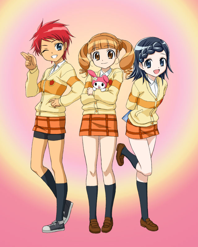 genshoku hajime, hajime (caramel toone), fujisaki mana, my melody, sakurazuka miki, yumeno uta, onegai my melody, sanrio, 00s, 3girls, female focus, legs, long sleeves, looking at viewer, multiple girls, one eye closed, school uniform, shirt, shorts, skirt, wink