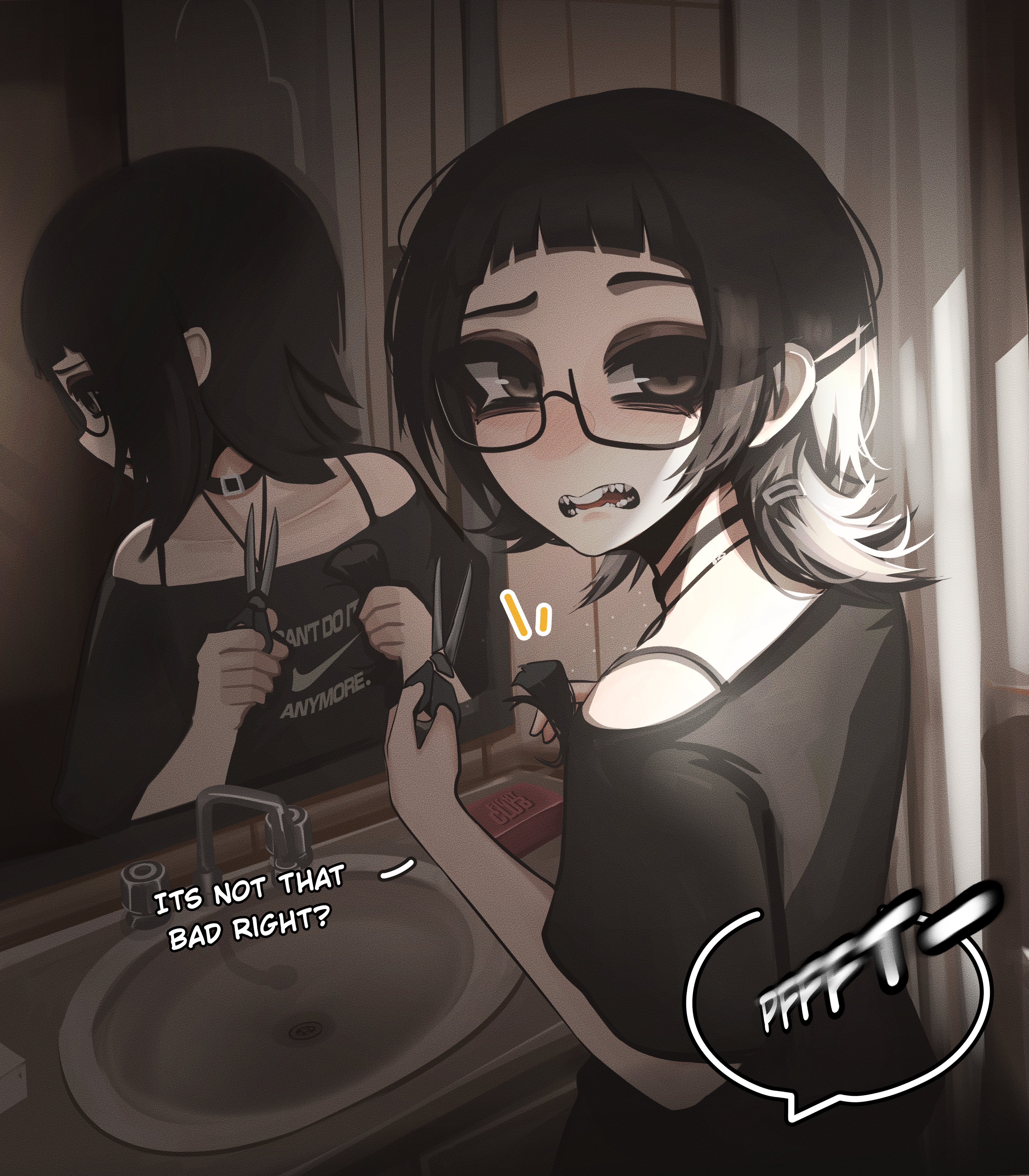 mikuneki, riyo kaede (mikuneki), original, absurdres, commentary, english commentary, highres, 1girl, alternate hair length, alternate hairstyle, arched bangs, bare shoulders, bathroom, black-framed eyewear, black choker, black eyes, black hair, black shirt, choker, cutting hair, cutting own hair, english text, glasses, holding, holding own hair, holding scissors, indoors, looking at viewer, mirror, open mouth, pov, reflection, scissors, semi-rimless eyewear, severed hair, shirt, short hair, short sleeves, sink, speech bubble, talking, teeth, under-rim eyewear, upper body