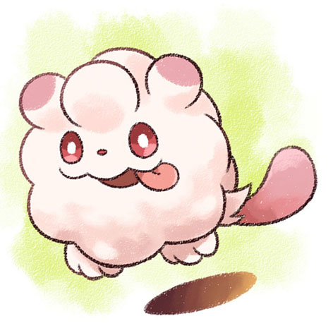 tomato mameta, swirlix, nintendo, pokemon, commentary request, lowres, full body, gen 6 pokemon, no humans, open mouth, pokemon (creature), pokemon focus, smile, solo, tongue, tongue out