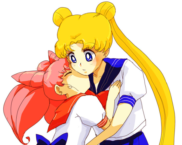 azuma yukihiko, chibi usa, tsukino usagi, bishoujo senshi sailor moon, 1990s (style), 2girls, age difference, blonde hair, blue eyes, blue sailor collar, bow, child, closed eyes, cone hair bun, female focus, hair bun, kiss, long hair, mother and daughter, multiple girls, onee-loli, pink hair, red bow, retro artstyle, sailor collar, school uniform, serafuku, simple background, white background, yuri