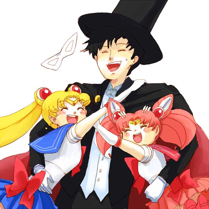 azuma yukihiko, chiba mamoru, chibi usa, sailor chibi moon, sailor moon, tsukino usagi, tuxedo kamen, bishoujo senshi sailor moon, bishoujo senshi sailor moon s, 1990s (style), 1boy, 2girls, black hair, blonde hair, blue sailor collar, blue skirt, bow, child, cone hair bun, family, hair bun, happy, hug, magical girl, multiple girls, pink hair, red bow, retro artstyle, sailor collar, skirt, tuxedo