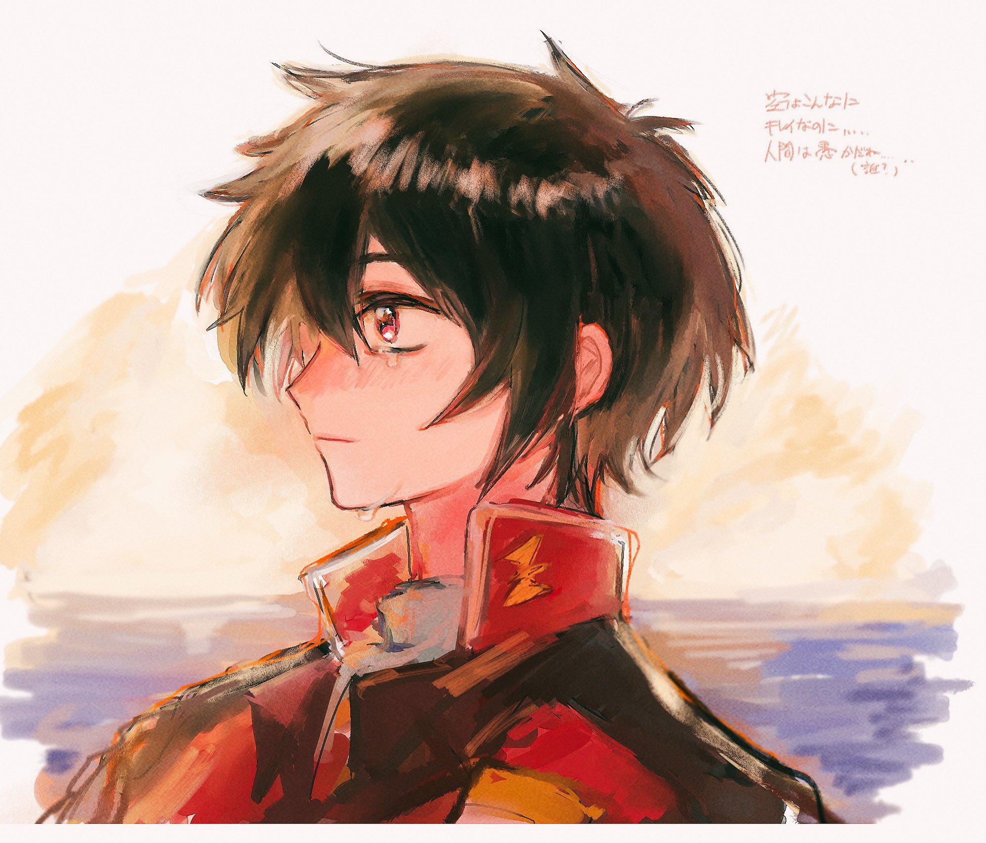 michi (michi1023 hase), shinn asuka, gundam, gundam seed, gundam seed destiny, highres, 1boy, black hair, blush, crying, jacket, male focus, military uniform, red eyes, short hair, smile, solo, upper body, zaft uniform