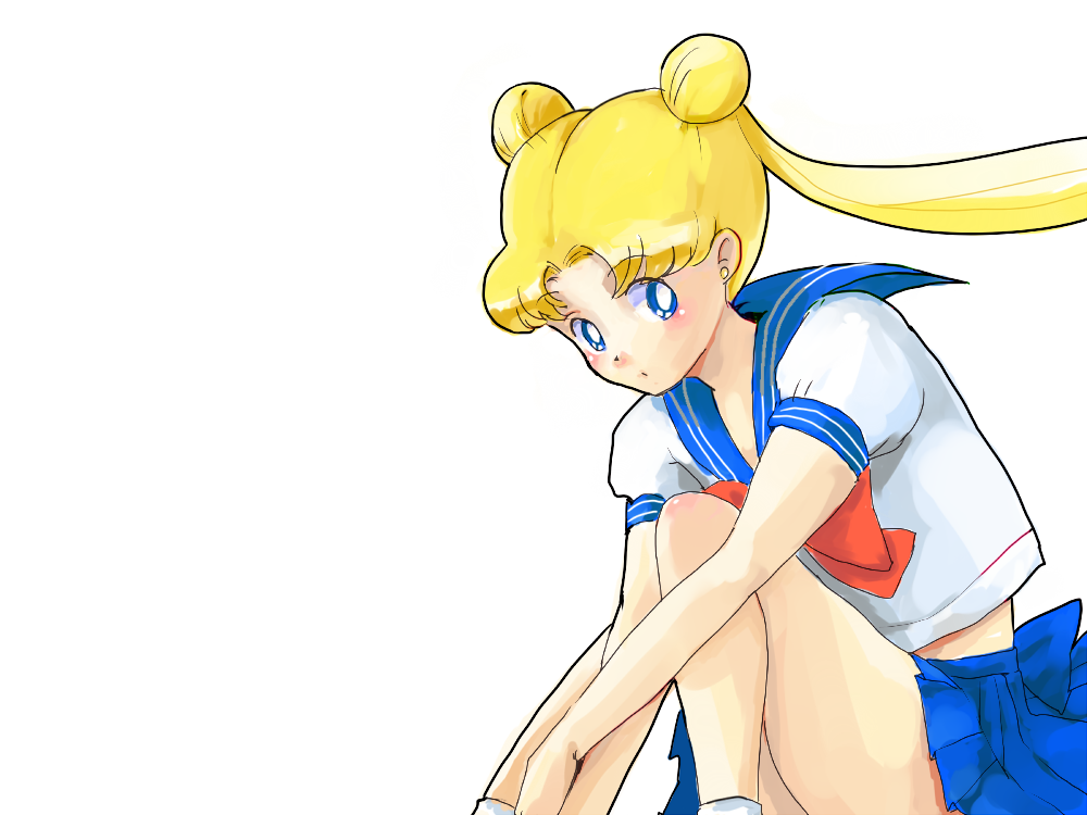 azuma yukihiko, tsukino usagi, bishoujo senshi sailor moon, 1990s (style), 1girl, blonde hair, blue eyes, blue sailor collar, bow, double bun, female focus, hair bun, red bow, retro artstyle, sailor collar, school uniform, skirt, solo