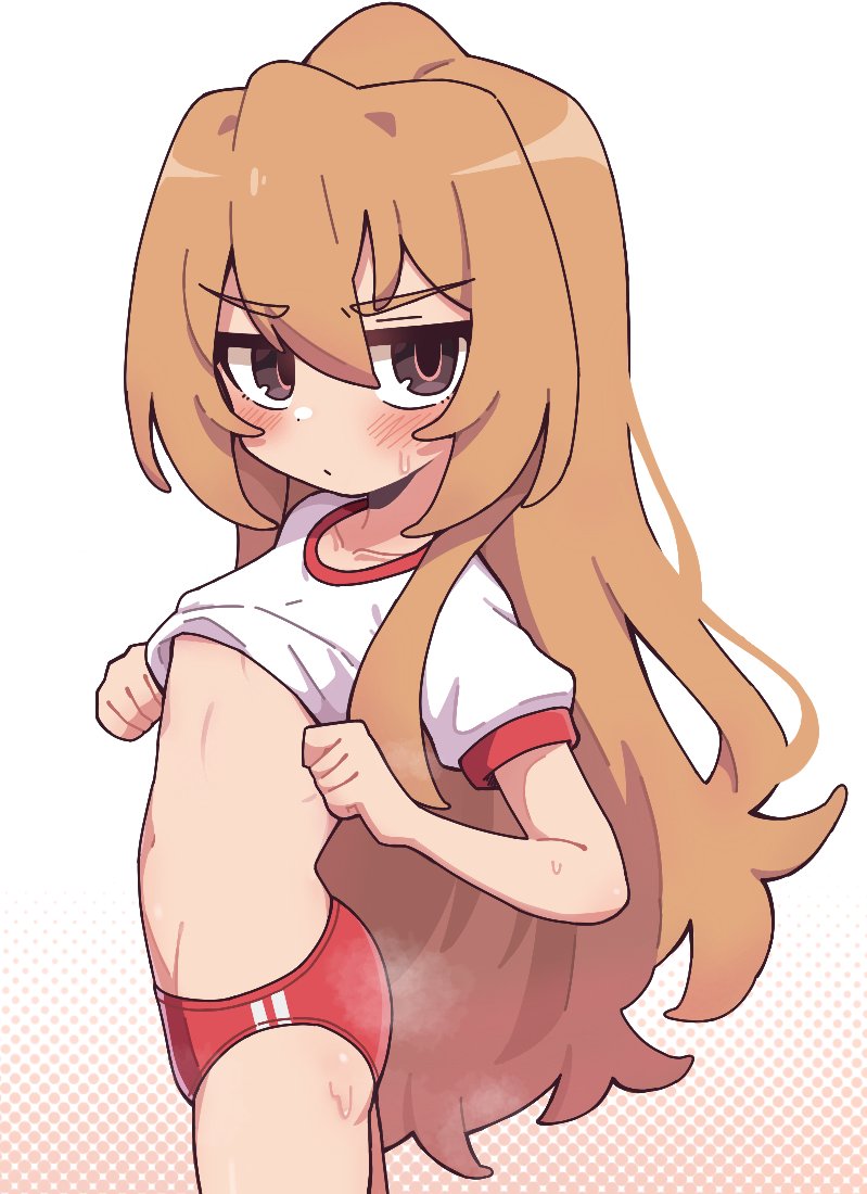 koonowen, aisaka taiga, toradora!, 1girl, breasts, brown eyes, brown hair, buruma, clothes lift, gym uniform, long hair, looking at viewer, navel, red buruma, shirt lift, small breasts, solo, steaming body, sweat, very long hair