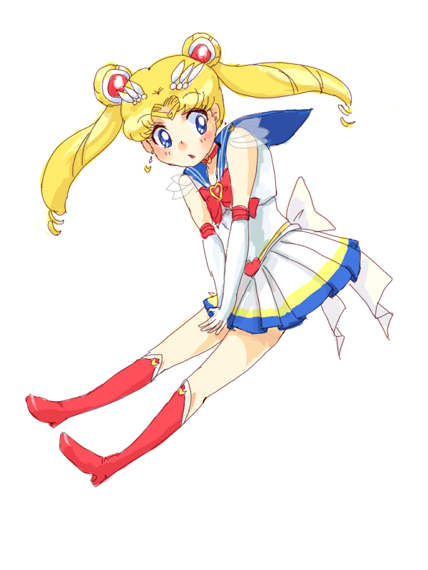 azuma yukihiko, sailor moon, super sailor moon, tsukino usagi, bishoujo senshi sailor moon, bishoujo senshi sailor moon supers, 1990s (style), 1girl, blonde hair, blue eyes, blue sailor collar, boots, bow, brooch, bun cover, double bun, earrings, female focus, full body, hair bun, hair ornament, hairclip, heart, heart brooch, jewelry, multicolored skirt, red bow, retro artstyle, sailor collar, skirt, solo, twintails