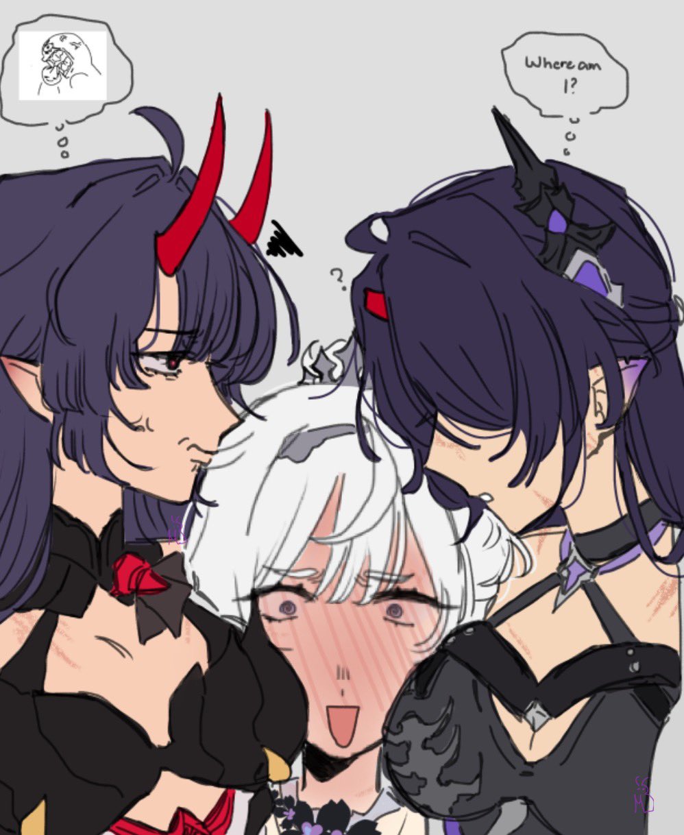 acheron (honkai: star rail), kiana kaslana, kiana kaslana (herrscher of finality), raiden mei, raiden mei (herrscher of thunder), honkai: star rail, honkai (series), honkai impact 3rd, highres, 3girls, ?, ahoge, anger vein, blush, breasts, choker, cleavage, english text, flower, hair between eyes, hair ornament, horns, large breasts, mitsugetsuu, multiple girls, pointy ears, purple hair, red horns, speech bubble, white hair, yuri