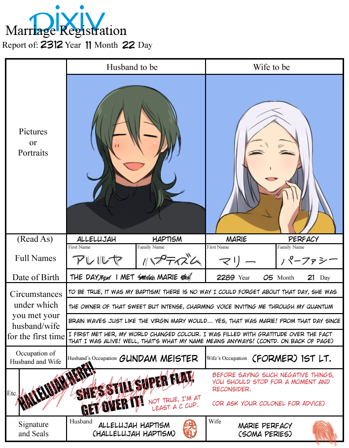 murakami yuichi, allelujah haptism, marie parfacy, marie perfacy, soma peries, gundam, gundam 00, hard-translated, third-party edit, translated, 00s, 1boy, 1girl, couple, good end, hetero, marriage certificate, wedding