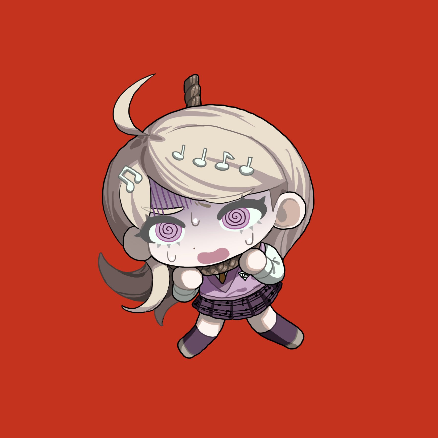 hiro (h1pvx), akamatsu kaede, danganronpa (series), danganronpa v3: killing harmony, highres, 1girl, ahoge, blonde hair, fortissimo, hair ornament, long hair, musical note, musical note hair ornament, pink eyes, pink sweater vest, pleated skirt, red background, rope, simple background, skirt, solo, strangling, sweat, sweater vest, thighhighs
