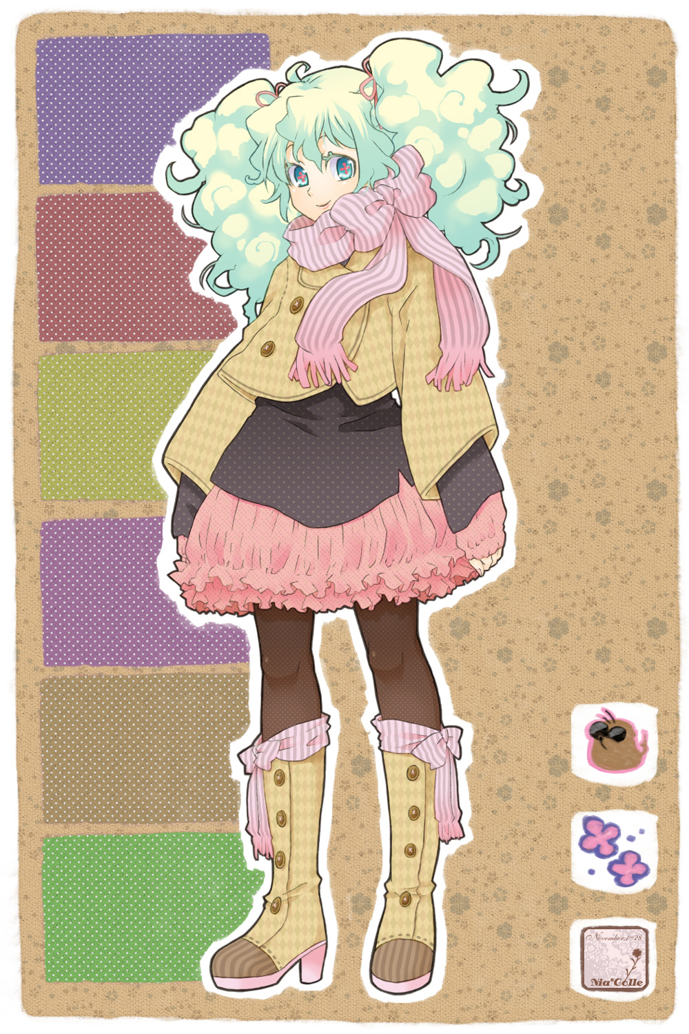 mot, nia teppelin, tengen toppa gurren lagann, highres, 00s, boots, coat, curly hair, fashion, hair ribbon, multicolored hair, nia colle, pantyhose, ribbon, scarf, smile, solo, twintails