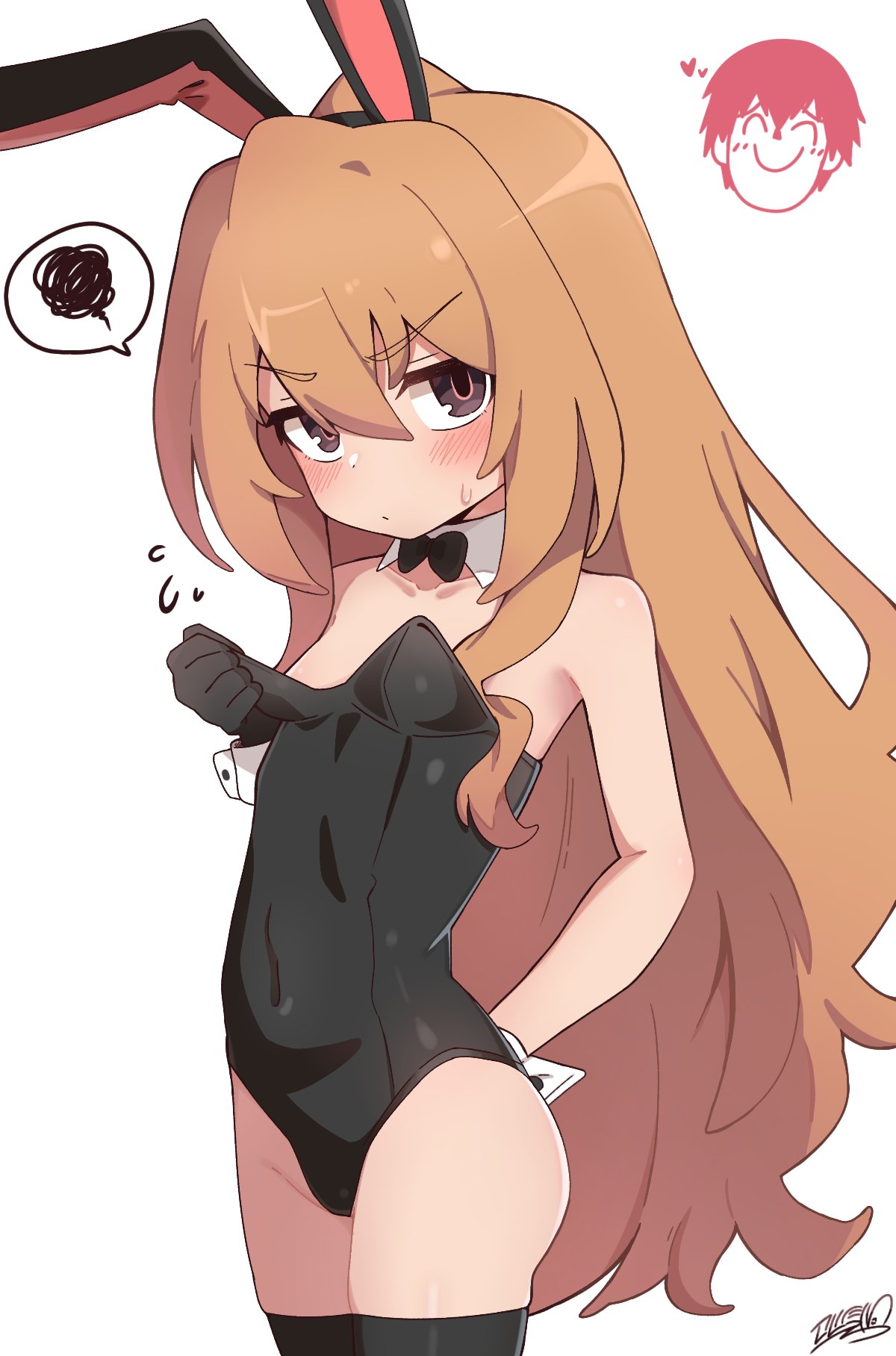 koonowen, aisaka taiga, takasu ryuuji, toradora!, commentary, english commentary, highres, 1boy, 1girl, ^ ^, black leotard, black thighhighs, blush, brown eyes, brown hair, chibi, chibi inset, closed eyes, covered navel, cowboy shot, flying sweatdrops, head only, heart, leotard, long hair, looking at viewer, oversized breast cup, playboy bunny, smile, spoken squiggle, squiggle, thighhighs, very long hair