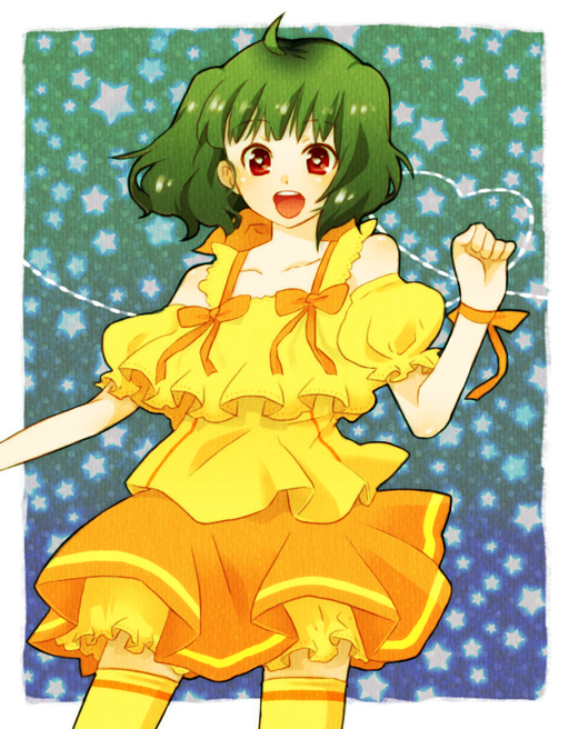 mot, ranka lee, macross, macross frontier, bad id, bad pixiv id, 00s, 1girl, ahoge, dress, female focus, green hair, orange skirt, ribbon, short hair, skirt, smile, solo, star (symbol), thighhighs, yellow thighhighs