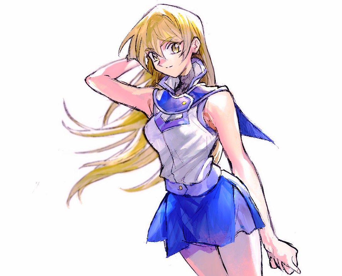 203wolves, tenjouin asuka, yu-gi-oh!, yu-gi-oh! gx, 1girl, blonde hair, blue skirt, closed mouth, duel academy uniform (yu-gi-oh! gx), hair between eyes, long hair, looking at viewer, shirt, skirt, sleeveless, sleeveless shirt, smile, solo, white background, white shirt, yellow eyes