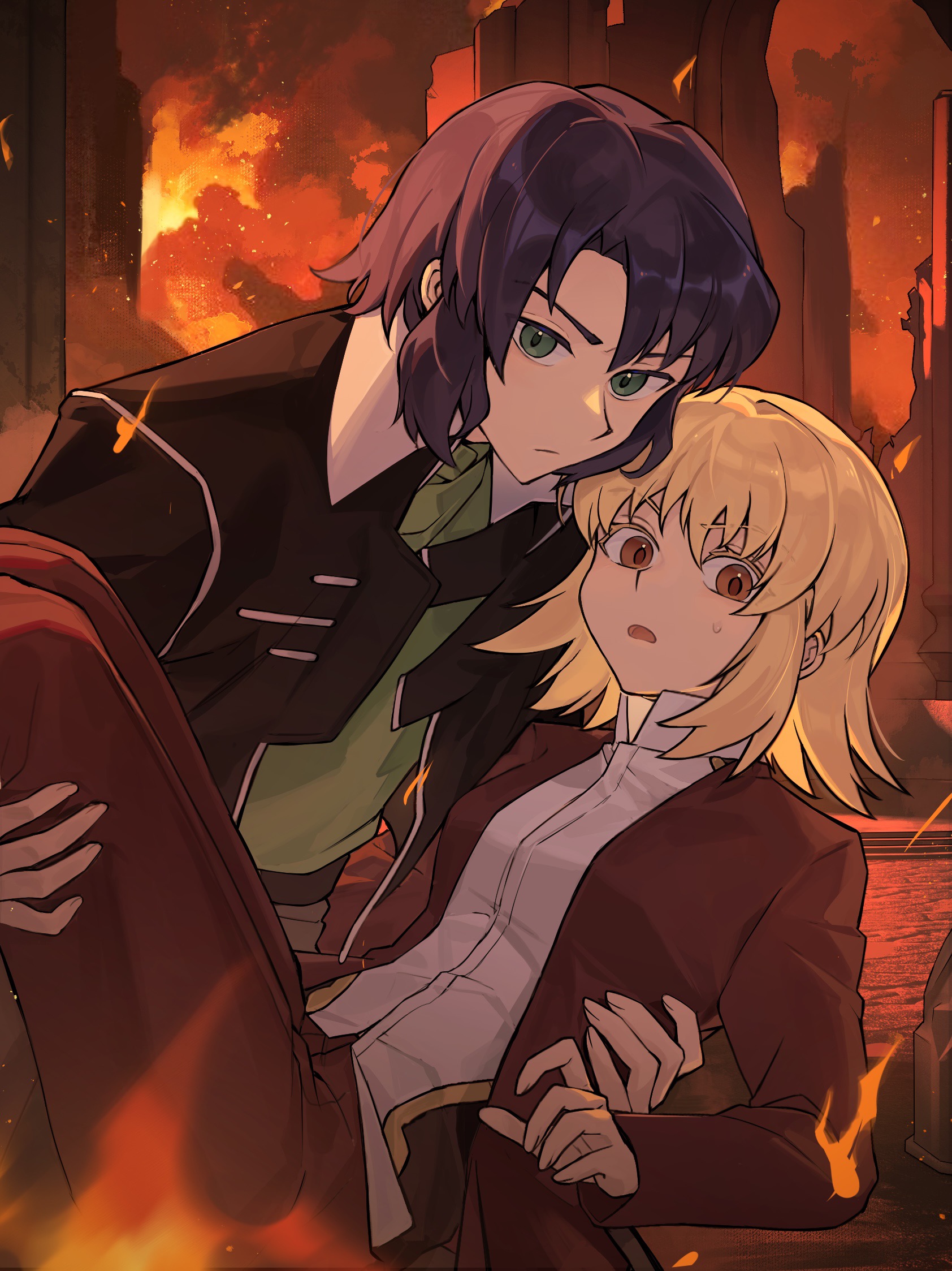 hongxiaoyuji, athrun zala, cagalli yula athha, gundam, gundam seed, highres, 1boy, 1girl, blonde hair, blue hair, carrying, collared shirt, fire, green eyes, jacket, long sleeves, looking at viewer, open mouth, orange eyes, princess carry, ruins, shirt, short hair, sweatdrop