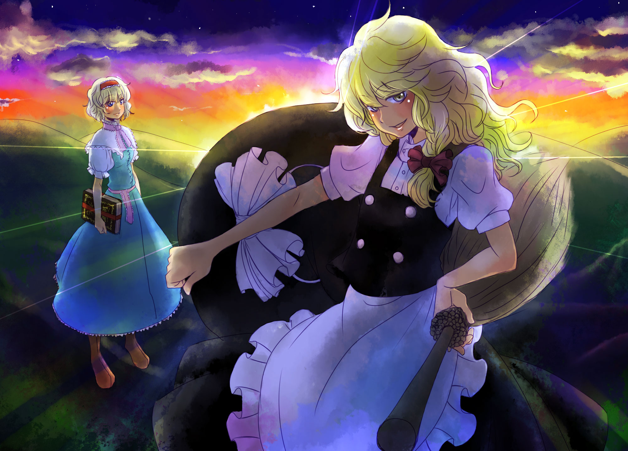sada noriko, sunata, alice margatroid, kirisame marisa, touhou, highres, 2girls, apron, blonde hair, blush, book, braid, broom, capelet, cloud, female focus, hairband, hat, long hair, multiple girls, short hair, single braid, sunset, unworn hat, unworn headwear, witch hat