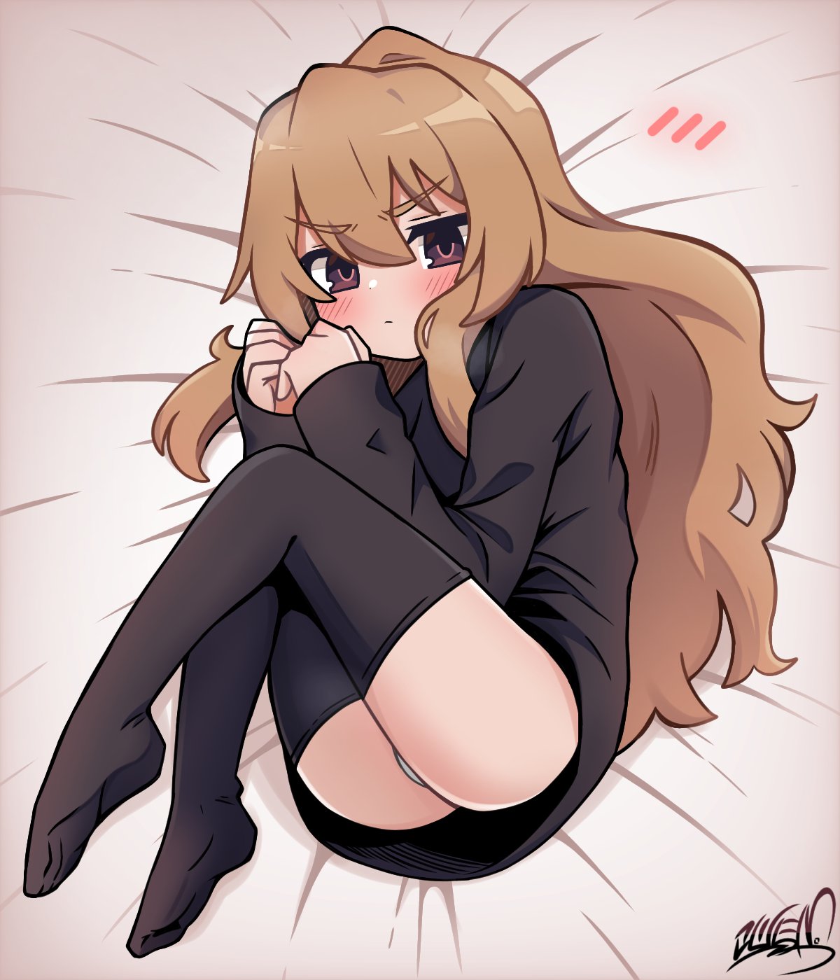 koonowen, aisaka taiga, toradora!, highres, 1girl, ass, black sweater, black thighhighs, blush, brown eyes, brown hair, dress, full body, knees to chest, long hair, looking at viewer, panties, pantyshot, solo, sweater, sweater dress, thighhighs, underwear, very long hair
