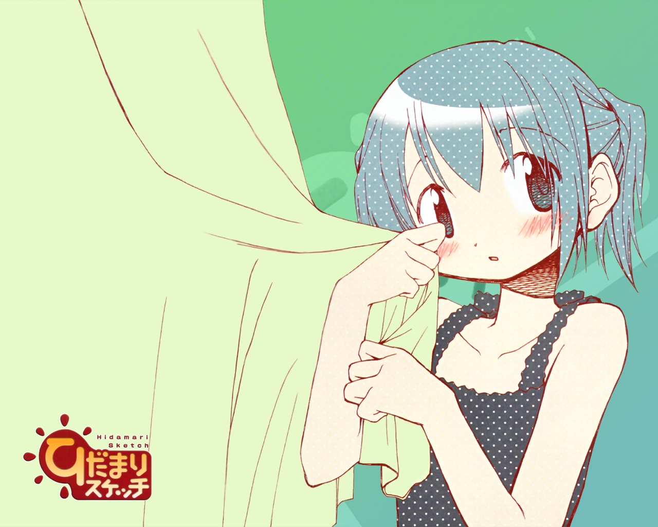 nori (hidamari sketch), hidamari sketch, 00s, aqua hair, blush, camisole, solo, twintails