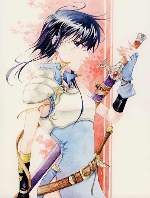 agahari, larcei (fire emblem), fire emblem, fire emblem: genealogy of the holy war, nintendo, 1girl, armor, black hair, blue eyes, female focus, fingerless gloves, from side, gloves, holding, holding sword, holding weapon, pauldrons, sheath, sheathed, short hair, short hair with long locks, shoulder armor, side slit, solo, standing, sword, weapon