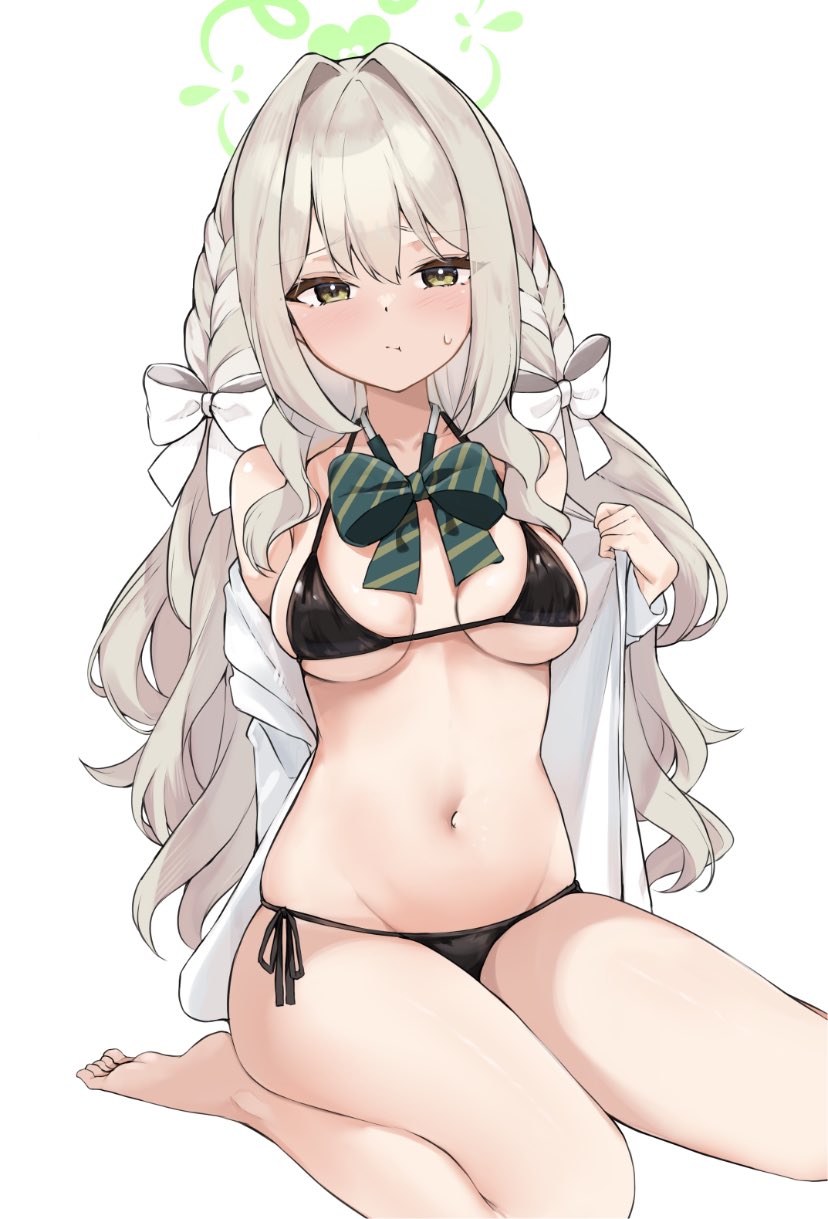 zarashi, miyo (blue archive), blue archive, commentary request, highres, 1girl, :t, bikini, black bikini, blush, bow, bowtie, breasts, collarbone, dress, full body, green bow, green bowtie, green eyes, green halo, grey hair, hair between eyes, hair bow, halo, long hair, long sleeves, looking at viewer, medium breasts, navel, open clothes, open shirt, pout, shirt, side-tie bikini bottom, sidelocks, simple background, sitting, skindentation, solo, stomach, string bikini, striped bow, striped bowtie, striped clothes, sweat, swimsuit, thighs, white background, white bow, white shirt