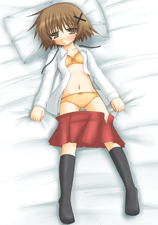 yuno (hidamari sketch), hidamari sketch, 00s, 1girl, bed, bed sheet, blush, bow, bow bra, bow panties, bra, brown eyes, brown hair, clothes pull, female focus, flat chest, lingerie, loli, lying, navel, nose blush, on back, on bed, open clothes, open shirt, orange bra, orange panties, panties, pillow, shirt, skirt, skirt pull, socks, solo, tears, underwear