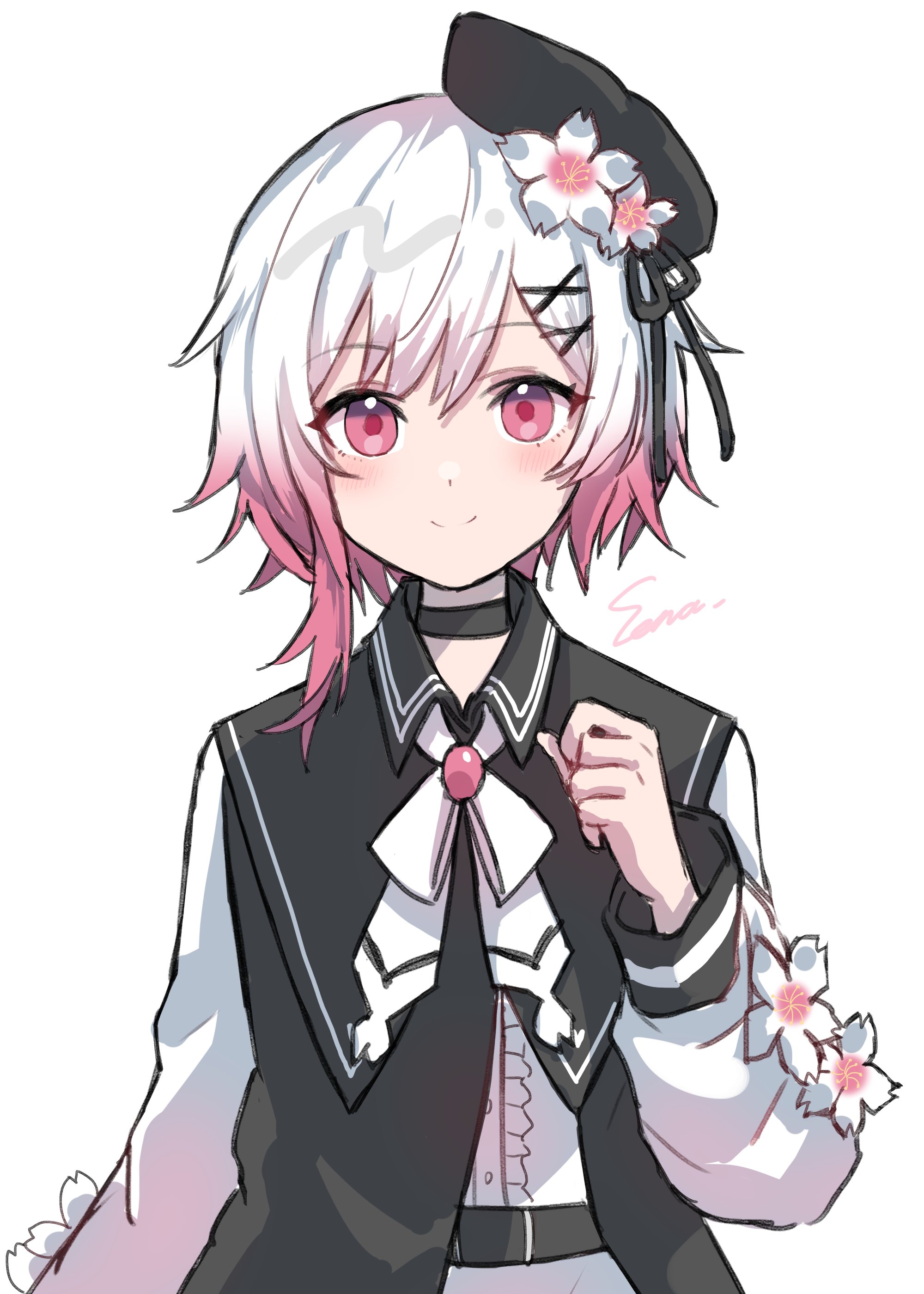 aimermermer, sakuraba ema, mahou shoujo no majo saiban, absurdres, highres, 1girl, beret, black choker, black hat, cherry blossoms, choker, closed mouth, flower, gradient hair, hair ornament, hand up, hat, hat flower, long sleeves, looking at viewer, magical girl, multicolored hair, neck ribbon, pink eyes, pink hair, ribbon, short hair, simple background, smile, solo, white background, white flower, white hair, white ribbon, x hair ornament