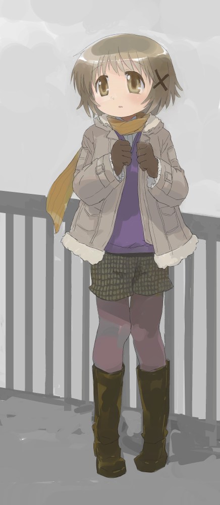 asasow, yuno (hidamari sketch), hidamari sketch, 00s, 1girl, boots, brown eyes, brown hair, casual, female focus, full body, looking to the side, pantyhose, scarf, solo