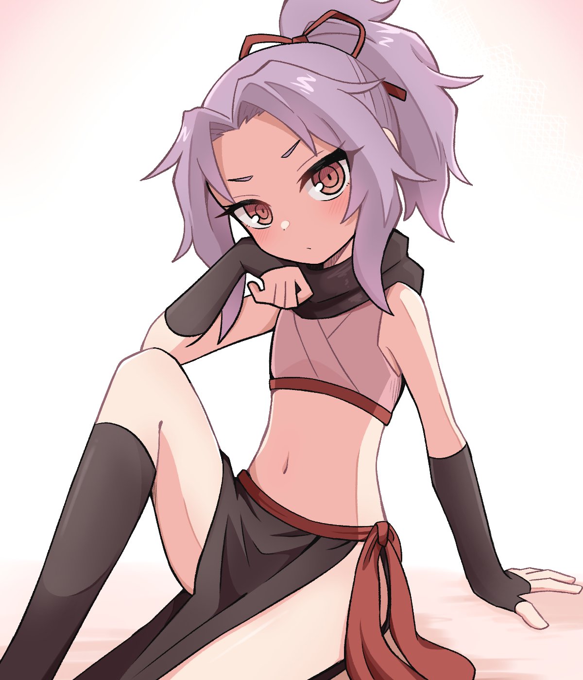 koonowen, sazanka (kunoichi tsubaki no mune no uchi), kunoichi tsubaki no mune no uchi, highres, 1girl, black scarf, crop top, expressionless, flat chest, grey hair, looking at viewer, navel, ninja, orange eyes, ringed eyes, scarf, sitting, solo