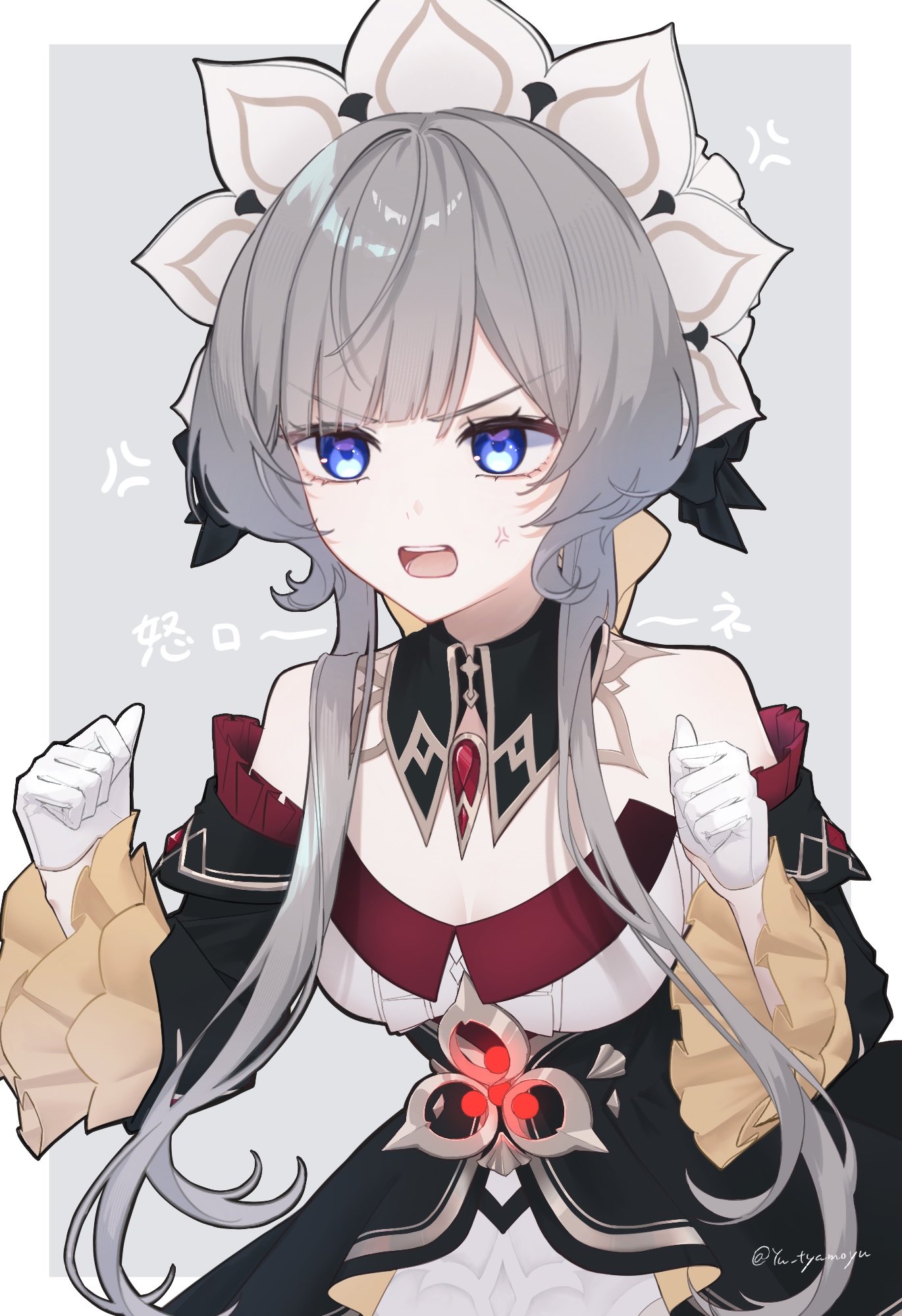 yu tyamoyu, sandrone (genshin impact), genshin impact, commentary request, highres, 1girl, anger vein, bare shoulders, black collar, black dress, blue eyes, brown hair, collar, detached collar, detached sleeves, dress, frilled dress, frills, gem, gloves, headdress, long sleeves, open mouth, red gemstone, short hair with long locks, simple background, solo, strapless, strapless dress, twitter username, upper body, white gloves, white headdress