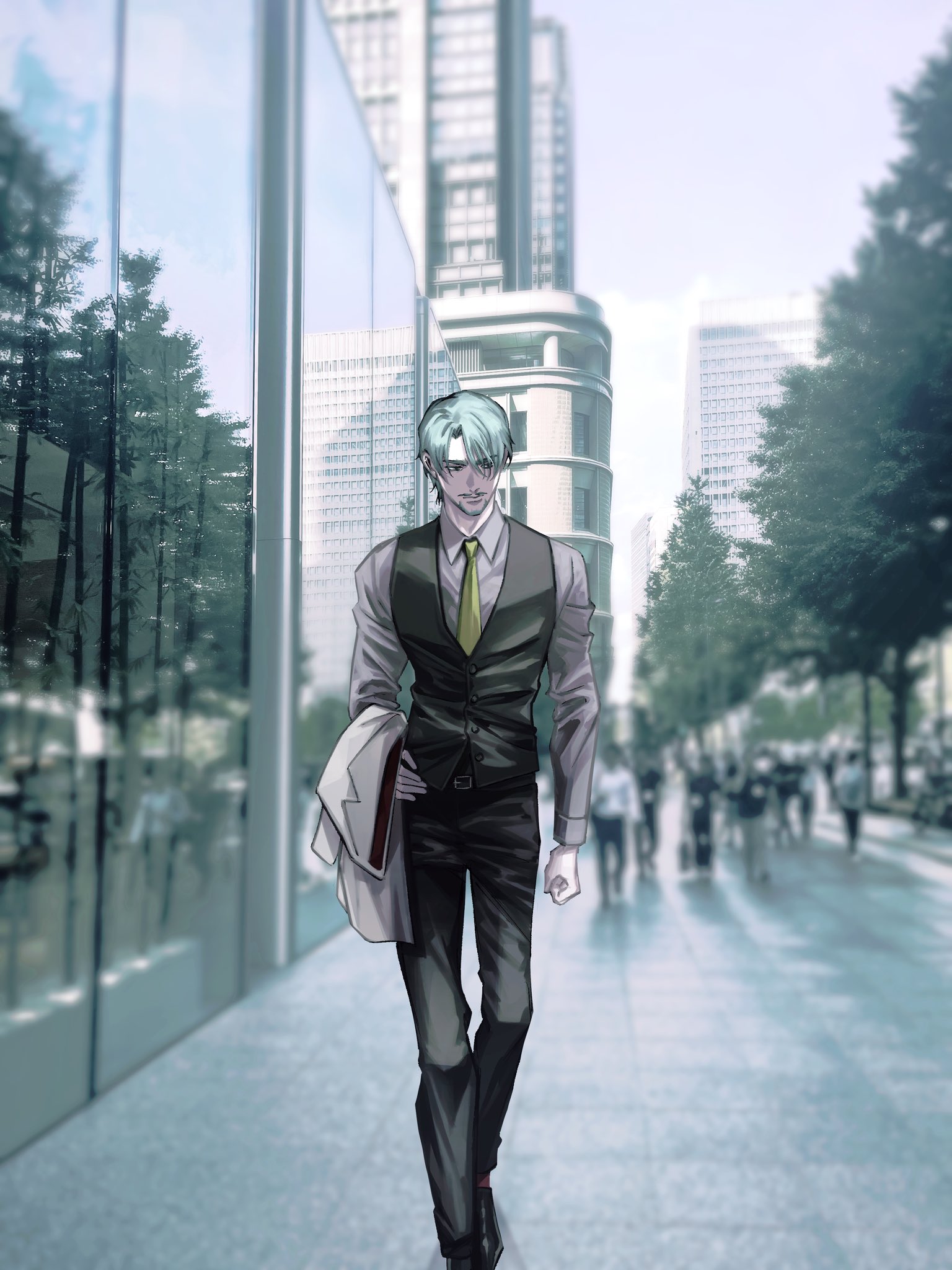 halcyon (gugfuggugfug), challia bull, gundam, gundam gquuuuuux, highres, 1boy, blurry, blurry background, building, city, collared shirt, facial hair, formal clothes, green eyes, green hair, hair over one eye, jacket, long sleeves, male focus, mustache, necktie, pants, photo background, road, shirt, shoes, short hair, solo, street, suit, tree, unworn jacket, vest