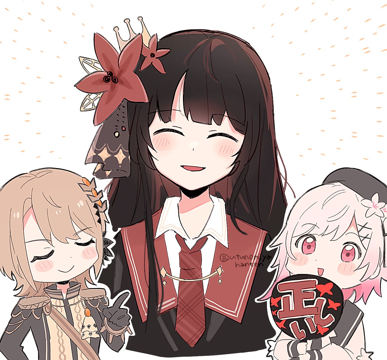sakuraba ema, mahou shoujo no majo saiban, commentary request, :d, ^ ^, black gloves, black hair, black hat, black jacket, blunt bangs, brown hair, closed eyes, closed mouth, crown, ebisawa (utunomiyahanten), epaulettes, flower, gloves, hair flower, hair ornament, hand fan, hand fan writing, hand up, hasumi leia, hat, holding, holding fan, index finger raised, jacket, long hair, long sleeves, magical girl, necktie, nikaido hiro, open mouth, paper fan, pink eyes, pink hair, red flower, red necktie, sash, short hair, shoulder sash, smile, uchiwa, upper body, white background, white hair, x hair ornament