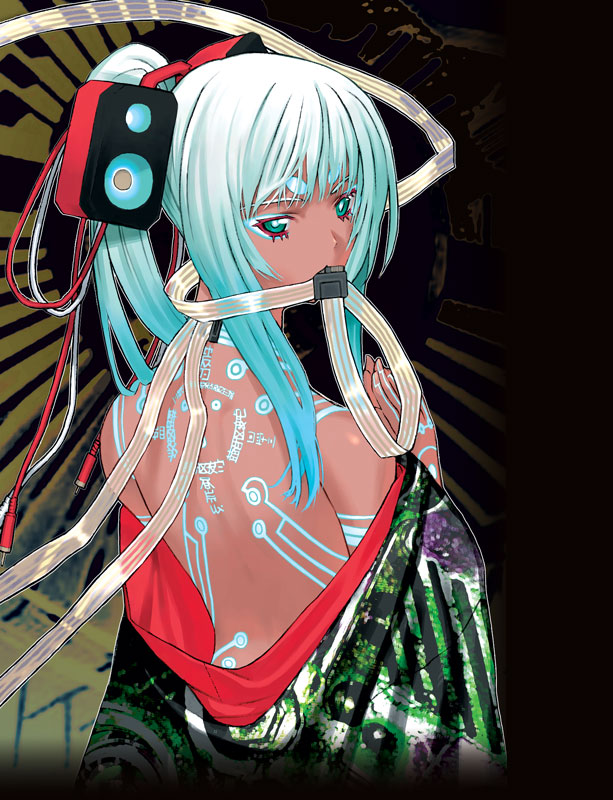 sakamoto mineji, original, aqua hair, back, cable, green eyes, long hair, looking back, mouth hold, ponytail, solo, speaker