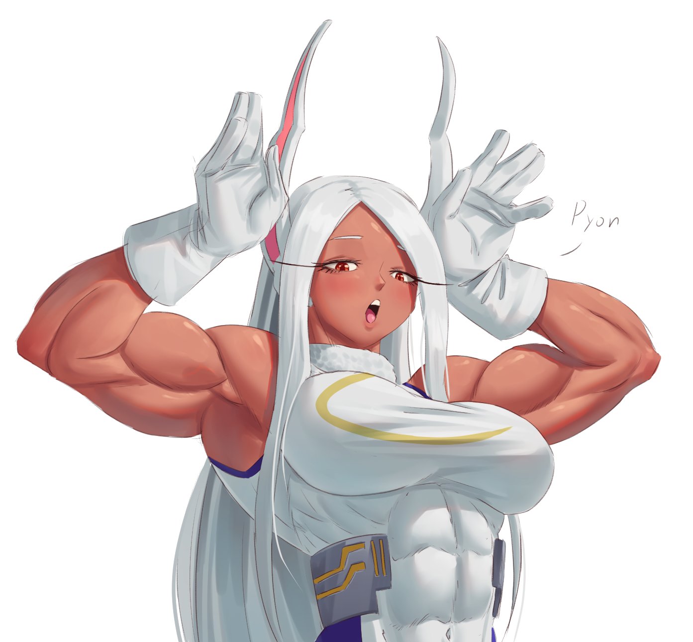 mr cheesedong, mirko, boku no hero academia, highres, tagme, 1girl, abs, animal ears, armpits, arms up, biceps, breasts, dark skin, english text, gloves, large breasts, leotard, looking at viewer, muscular, muscular female, open mouth, rabbit ears, rabbit girl, superhero costume, white background, white hair, white leotard