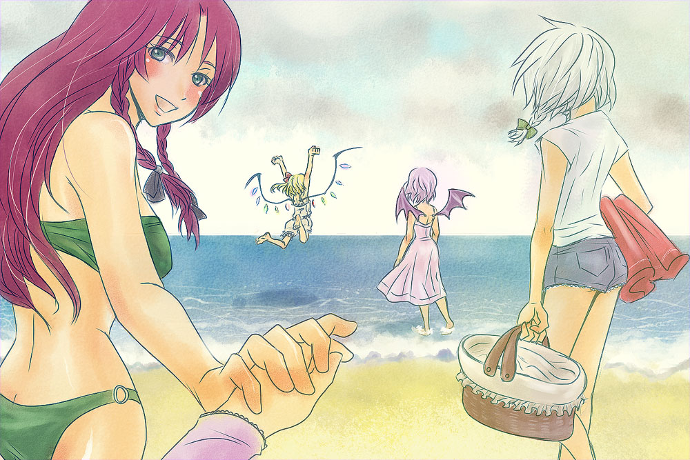 sada noriko, sunata, flandre scarlet, hong meiling, izayoi sakuya, patchouli knowledge, remilia scarlet, embodiment of scarlet devil, touhou, 4girls, barefoot, beach, female focus, foreshortening, holding hands, multiple girls, pov, smile, water