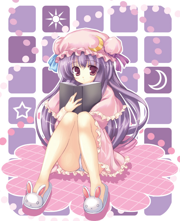 katsu hisato, katsu kazuto, patchouli knowledge, touhou, bad id, bad pixiv id, photoshop (medium), 1girl, animal slippers, book, bunny slippers, crescent, crescent hat ornament, female focus, hat, hat ornament, long hair, panties, pantyshot, purple eyes, purple hair, sitting, slippers, solo, striped clothes, striped panties, underwear