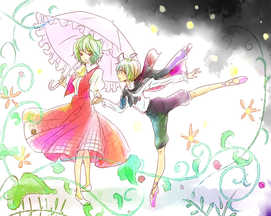 sada noriko, sunata, kazami yuuka, wriggle nightbug, touhou, 2girls, antennae, ascot, ballet, ballet slippers, blush, cape, dancing, dress, female focus, flower, footwear ribbon, green hair, holding hands, light smile, multiple girls, plaid clothes, plaid skirt, plaid vest, red eyes, short hair, skirt, skirt set, tiptoes, umbrella, vest