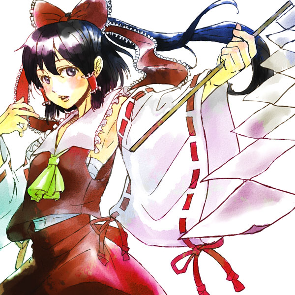 sada noriko, sunata, hakurei reimu, touhou, 1girl, armpits, black hair, female focus, foreshortening, gohei, sarashi, solo