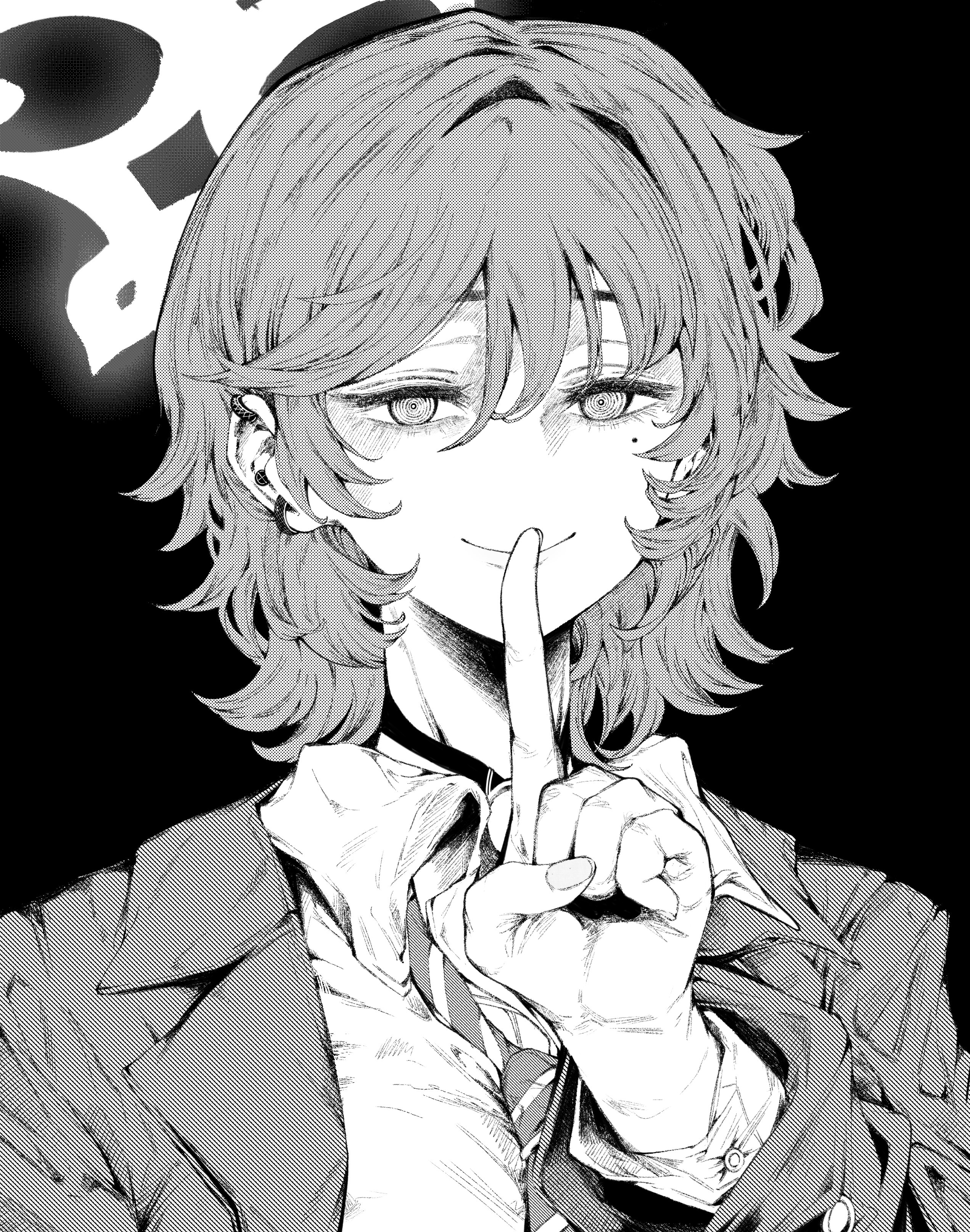 lightningace, fuyu (blue archive), blue archive, absurdres, commentary, highres, korean commentary, 1girl, diagonal-striped clothes, diagonal-striped necktie, dress shirt, earrings, fingernails, greyscale, halo, index finger raised, jacket, jewelry, long sleeves, mole, mole under eye, monochrome, necktie, ringed eyes, shirt, short hair, simple background, smile, solo, striped clothes