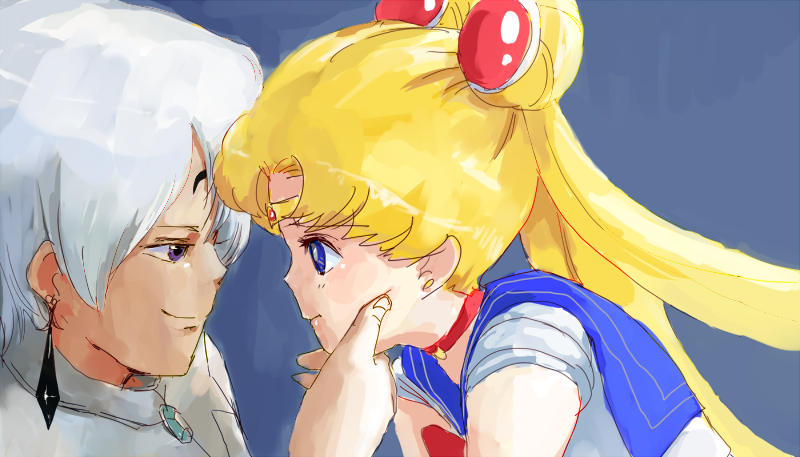 azuma yukihiko, prince demande, sailor moon, tsukino usagi, bishoujo senshi sailor moon, bishoujo senshi sailor moon r, silver hair, 1990s (style), 1boy, 1girl, blonde hair, blue eyes, blue sailor collar, bun cover, choker, crescent, crescent facial mark, double bun, earrings, eye contact, facial mark, forehead mark, grabbing another's chin, hair ornament, jewelry, long hair, looking at another, magical girl, prince, purple eyes, retro artstyle, sailor collar, smirk, tiara, twintails