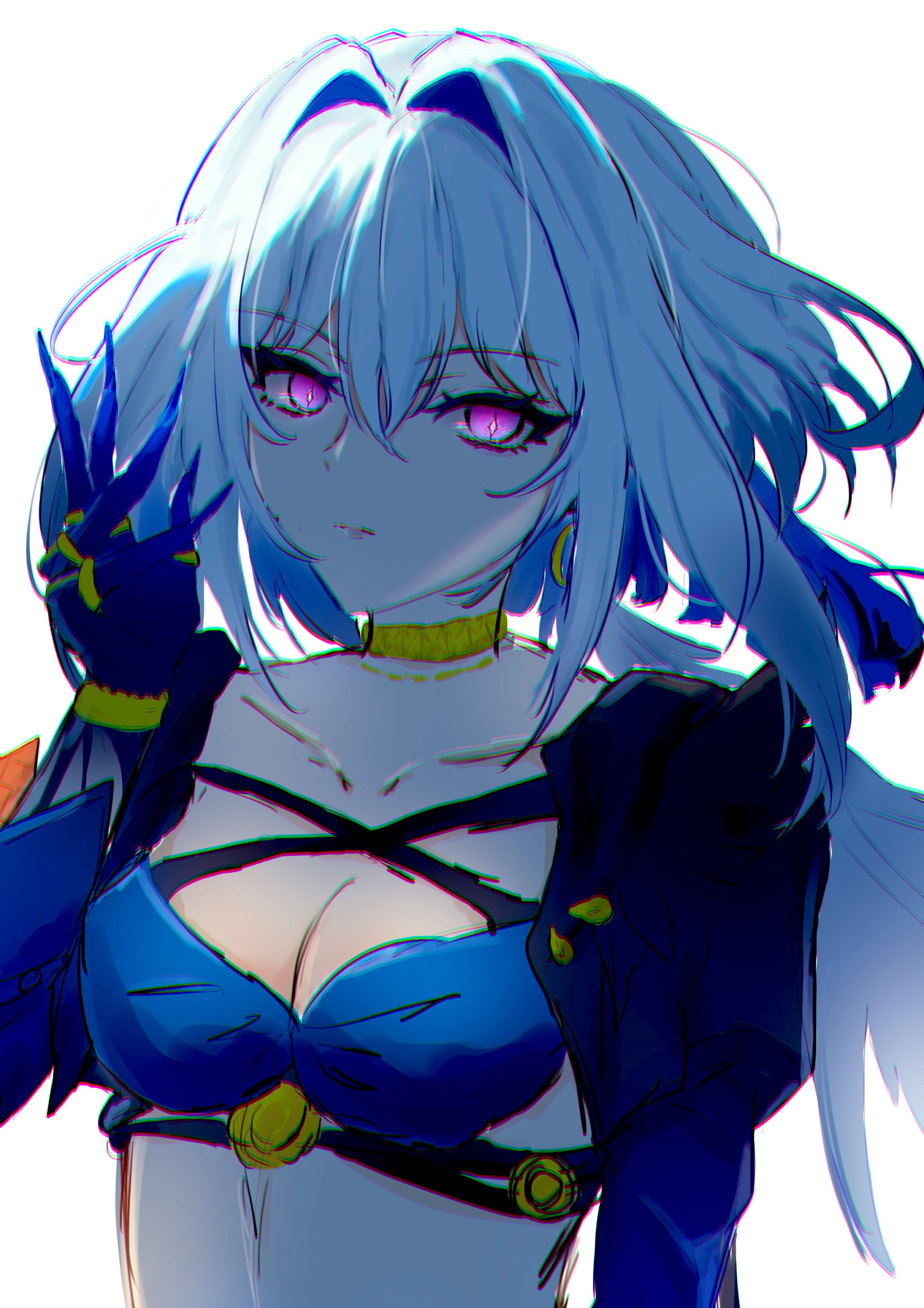 obyake, galbrena (wuthering waves), wuthering waves, absurdres, commentary, hashtag-only commentary, highres, 1girl, black jacket, blue bra, blue nails, bra, breasts, chromatic aberration, cleavage, closed mouth, collarbone, fingernails, gold choker, hair between eyes, hand up, heavy chromatic aberration, jacket, looking at viewer, medium breasts, medium hair, mutation, purple eyes, sharp fingernails, solo, underwear, upper body, very long fingernails