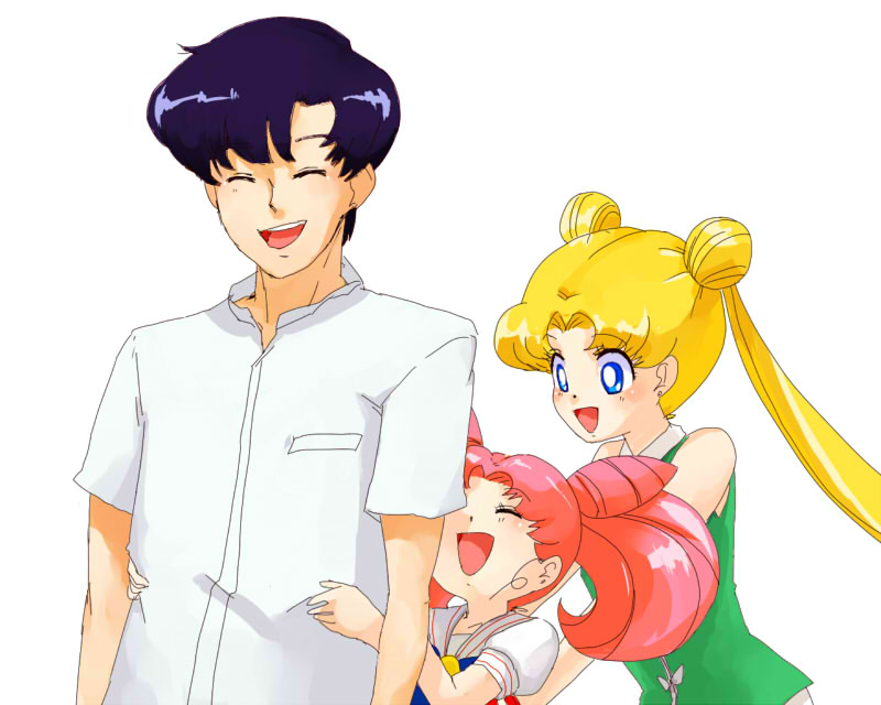 azuma yukihiko, chiba mamoru, chibi usa, tsukino usagi, bishoujo senshi sailor moon, 1990s (style), blonde hair, blue eyes, blue hair, child, cone hair bun, family, hair bun, happy, pink hair, retro artstyle, smile
