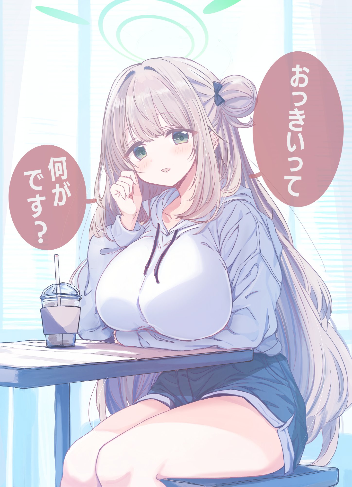 cutlass (classic chocolate), nonomi (blue archive), blue archive, commentary request, highres, translation request, 1girl, alternate costume, arm under breasts, blue shorts, blush, breasts, brown hair, cup, disposable cup, elbow on table, green eyes, green halo, hair bun, hair intakes, halo, hood, hood down, hoodie, large breasts, long hair, looking at viewer, open mouth, short shorts, shorts, single hair bun, sitting, smile, solo, thighs, very long hair, white hoodie