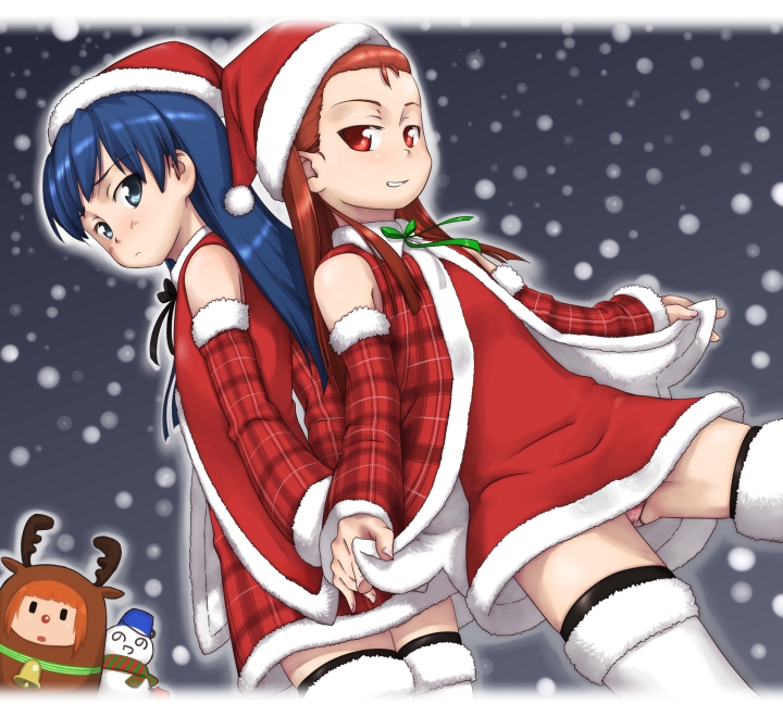 kisaragi chihaya, minase iori, nonowa, takatsuki yayoi, idolmaster, idolmaster (classic), 00s, 3girls, christmas, multiple girls, santa costume, snow, thighhighs, zettai ryouiki