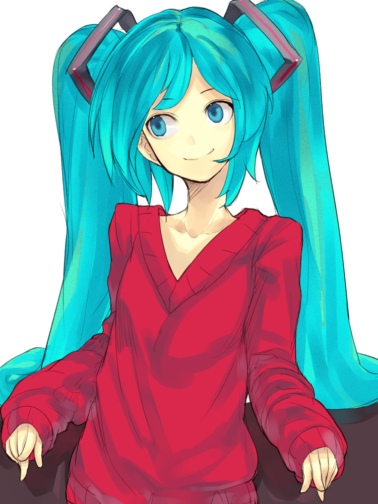 hama (22ji kara 24ji), hatsune miku, vocaloid, aqua eyes, aqua hair, flat chest, long sleeves, sleeves past wrists, smile, solo, twintails, v-neck
